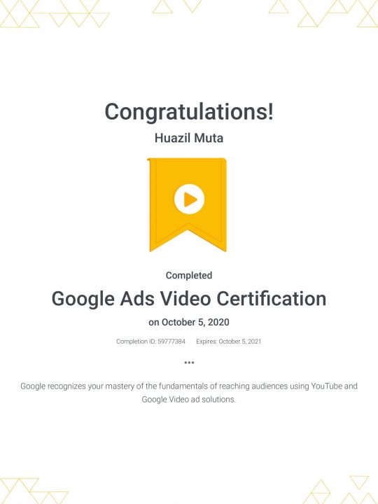 Sertifikat Video Ads Jasa Konsultan Digital Marketing Resmi dari Google